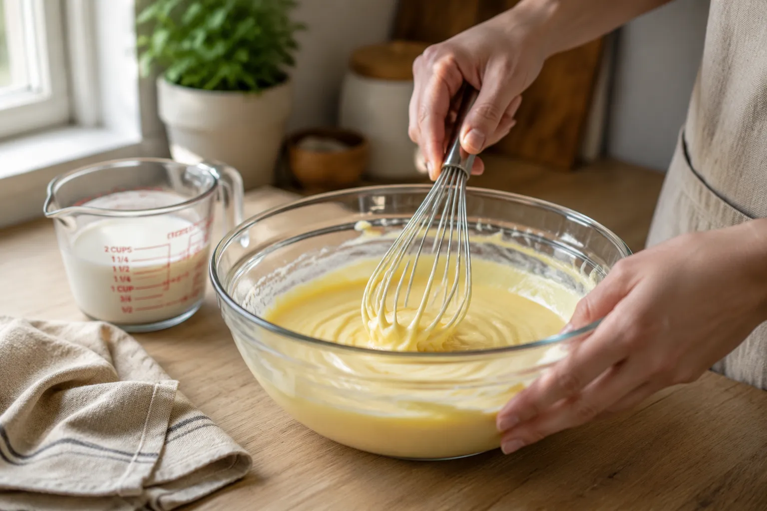 Whisking vanilla pudding for chocolate eclair cake filling