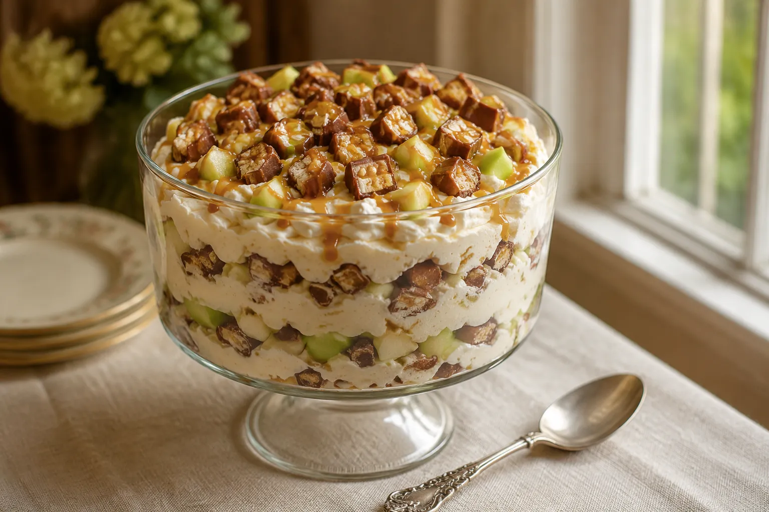 Finished Snickers salad in a glass trifle bowl topped with caramel and chopped candy