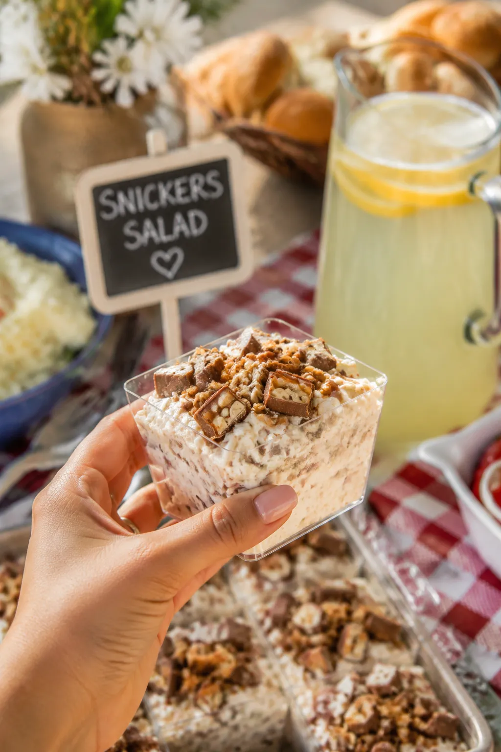 Serving snicker salad in individual cups at a summer potluck