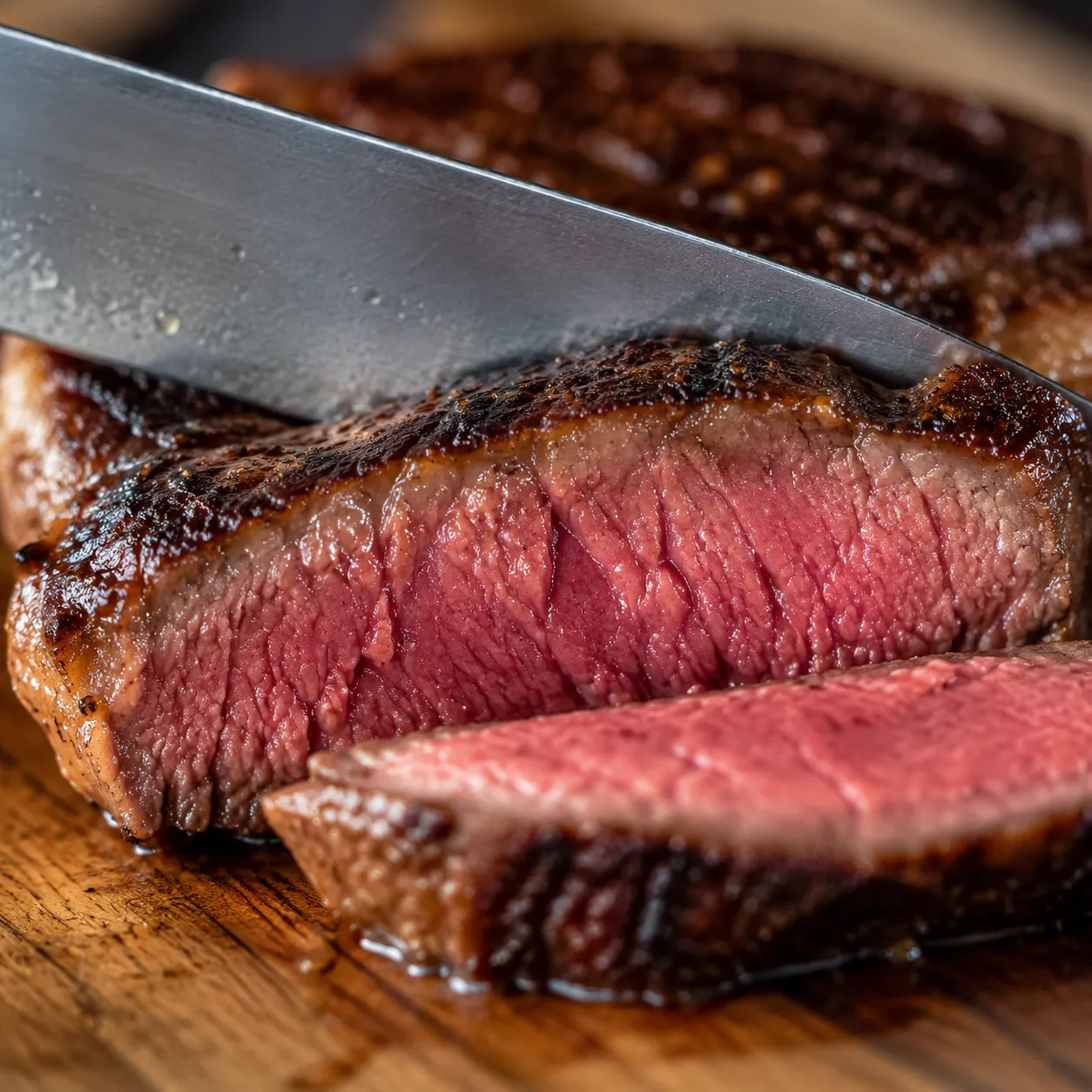 Slicing sirloin steak against the grain to show medium-rare interior