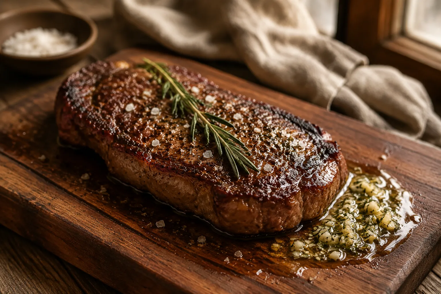 Whole pan-seared sirloin steak resting on cutting board