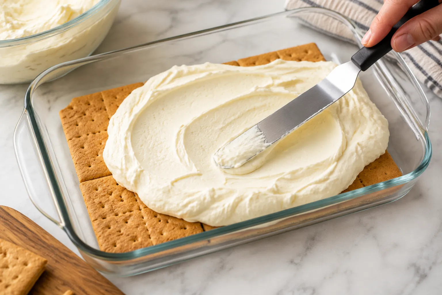Layering graham crackers and pudding cream for no-bake eclair cake