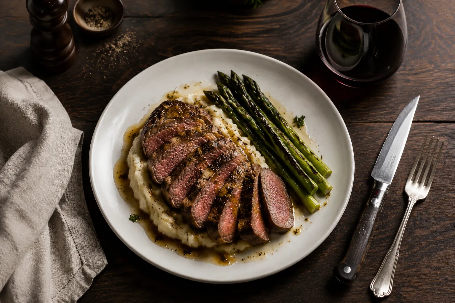 Sirloin steak recipe served with mashed potatoes and asparagus