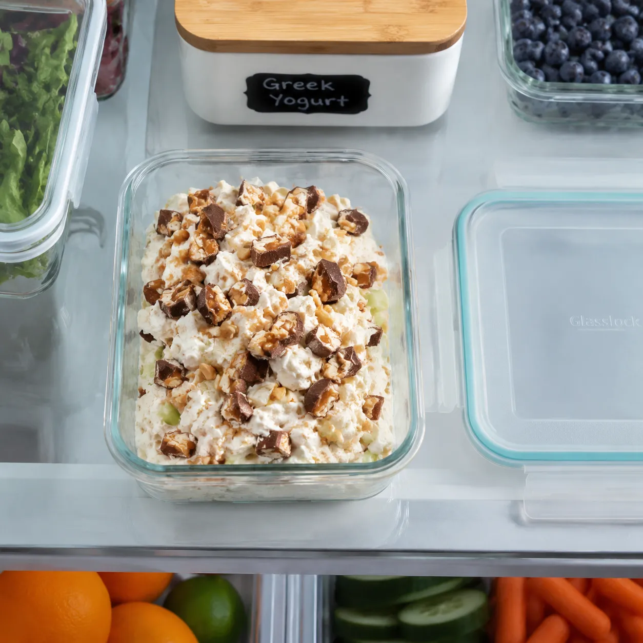 Storing leftover Snickers salad in a glass container in the fridge