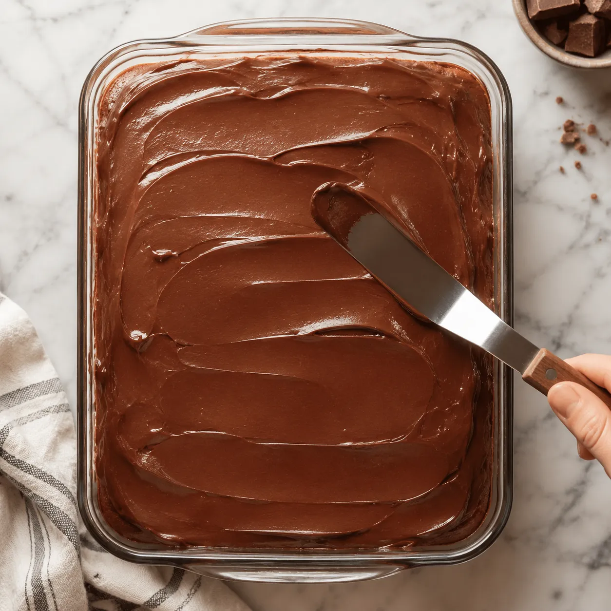 Spreading chocolate frosting over chocolate eclair cake before chilling