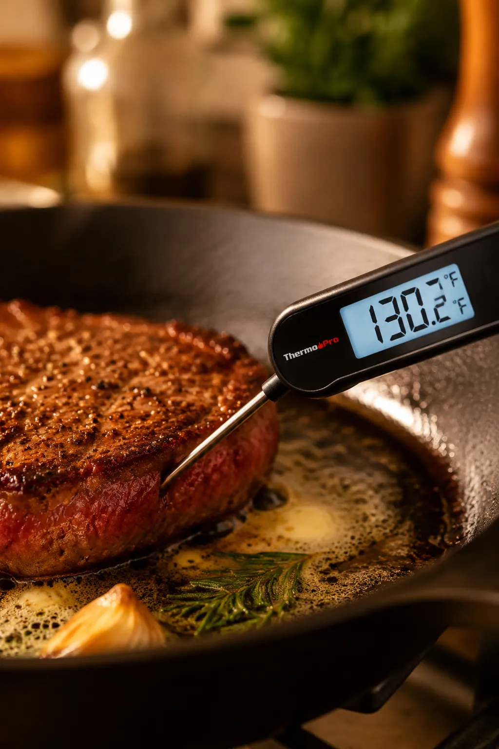 Checking sirloin steak internal temperature with instant-read thermometer