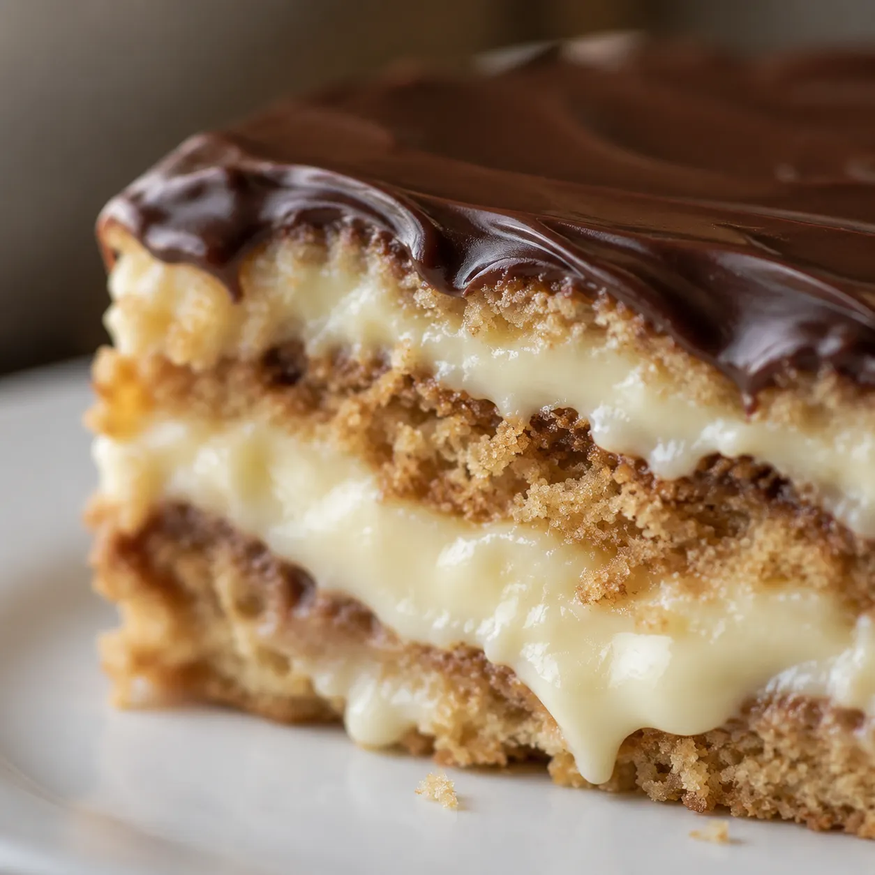 Close-up of eclair cake layers showing soft graham crackers and creamy pudding