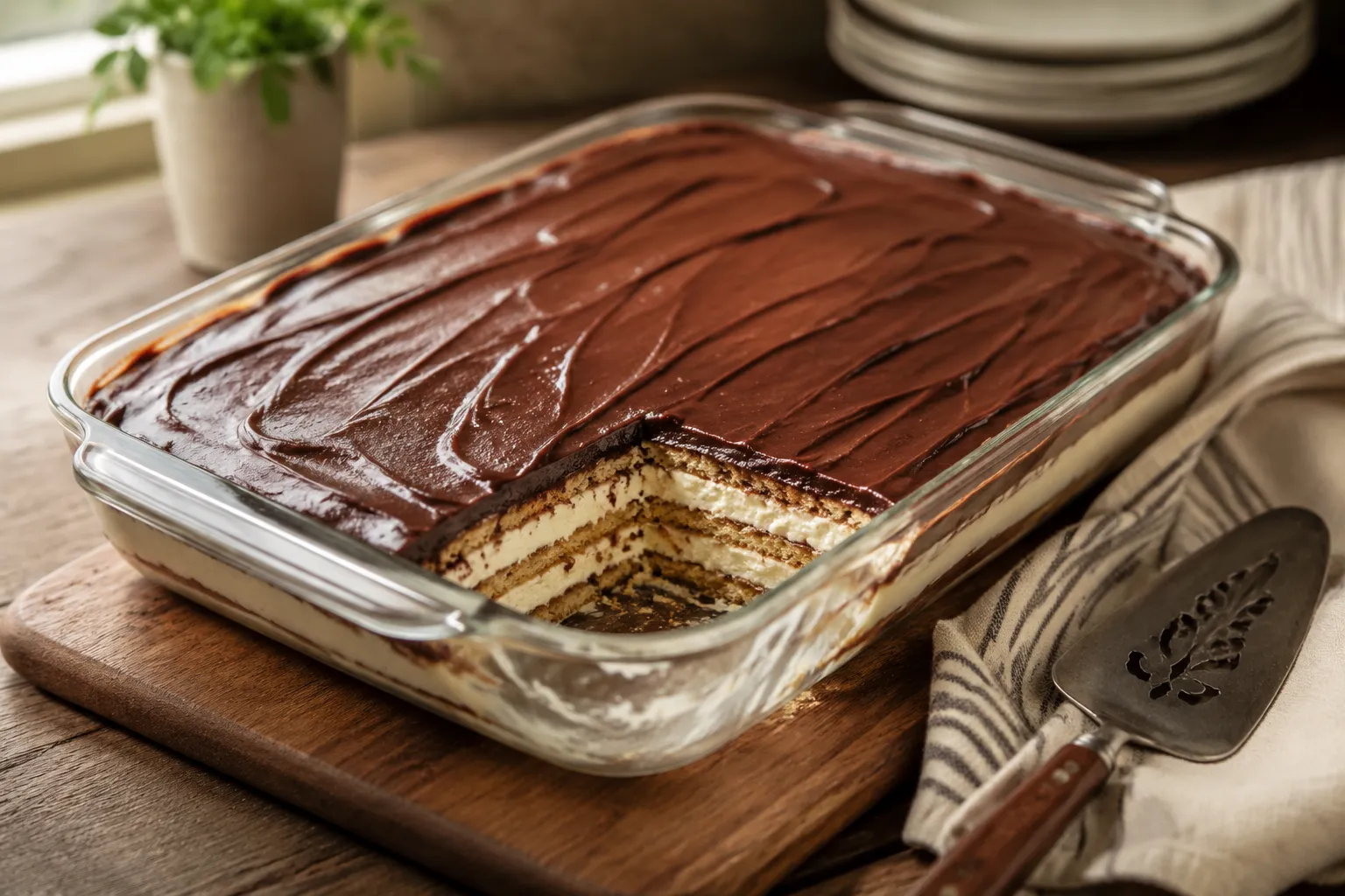 Finished chocolate eclair cake showing layered graham cracker and pudding cream filling