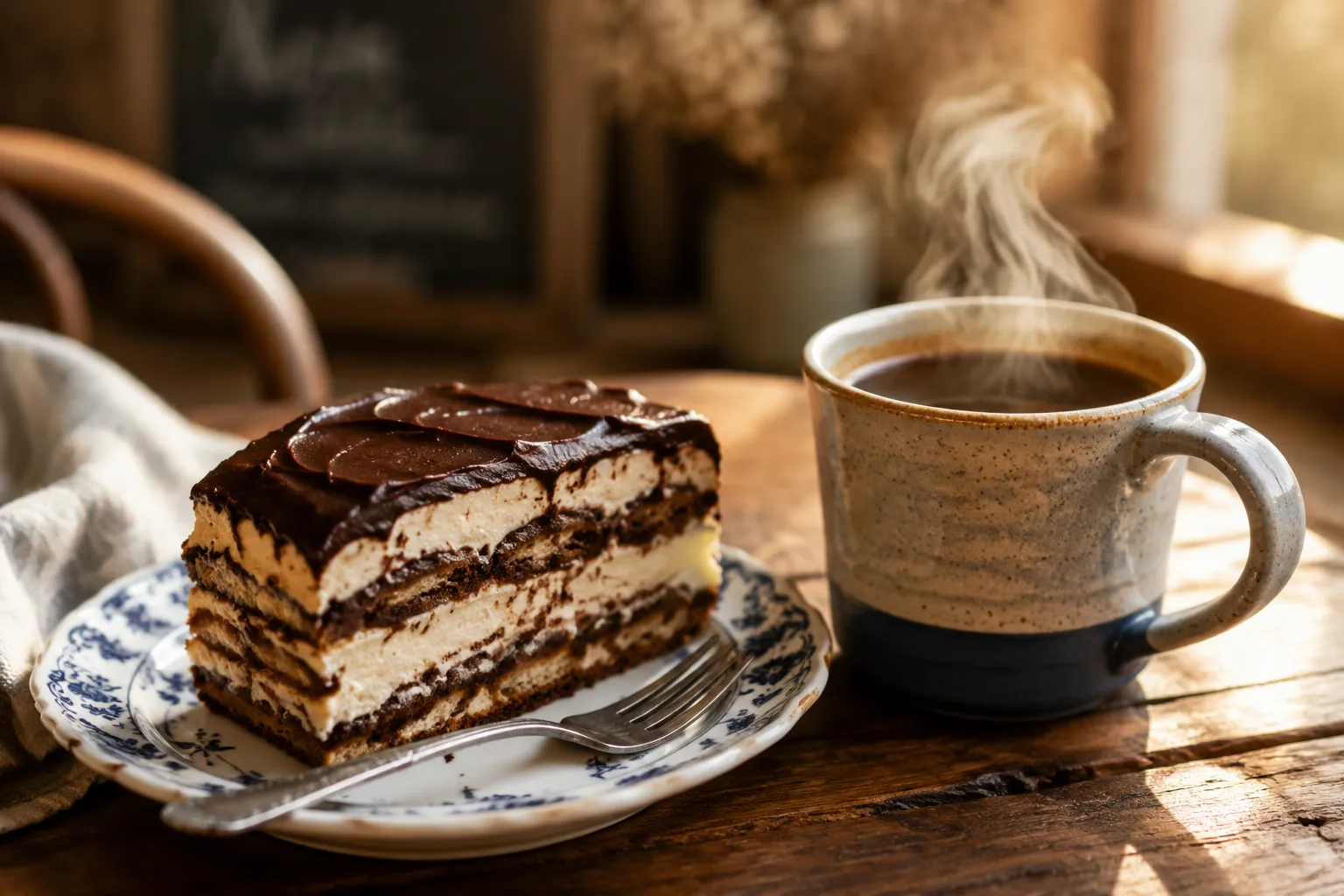 Slice of eclair cake served with coffee for an easy make-ahead dessert