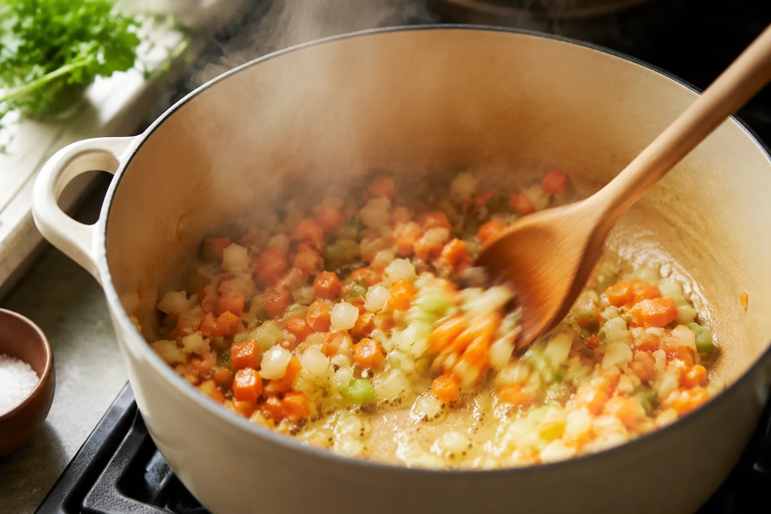 Sautéing onion, carrot, and celery in butter for Mississippi soup