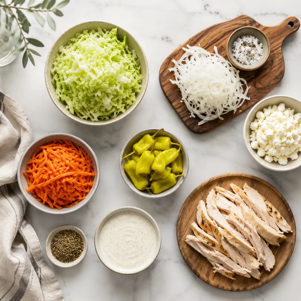 Mississippi soup ingredients flatlay including chicken, ranch seasoning, and pepperoncini