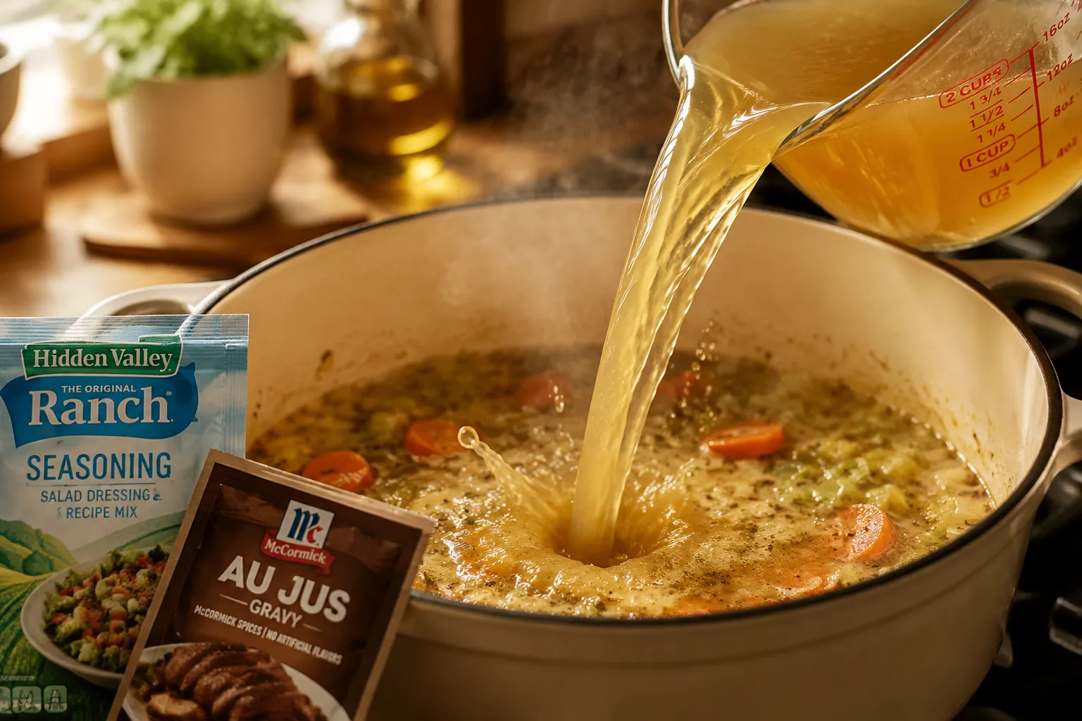 Pouring chicken broth into the pot to build Mississippi soup base