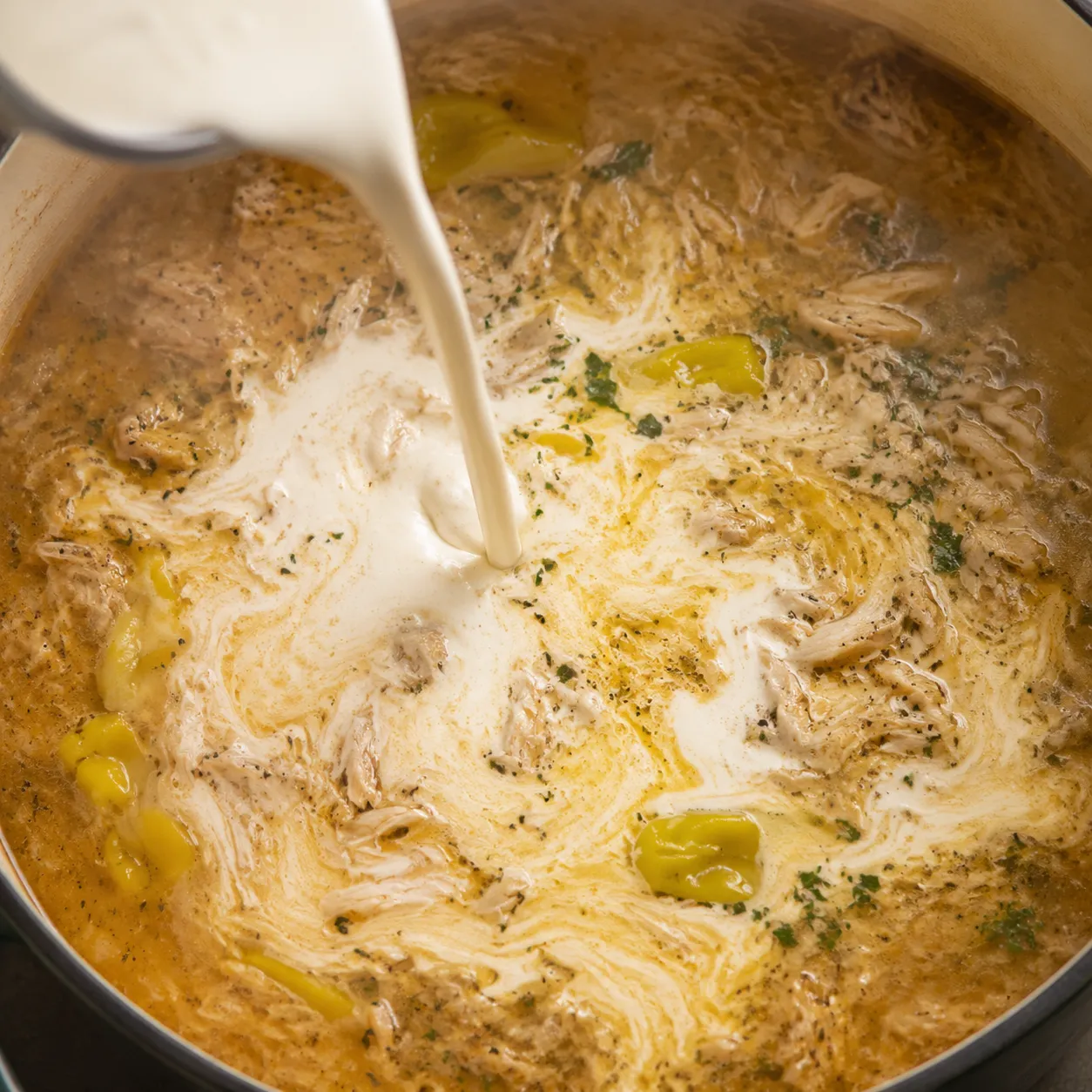 Stirring heavy cream into Mississippi soup for a creamy finish