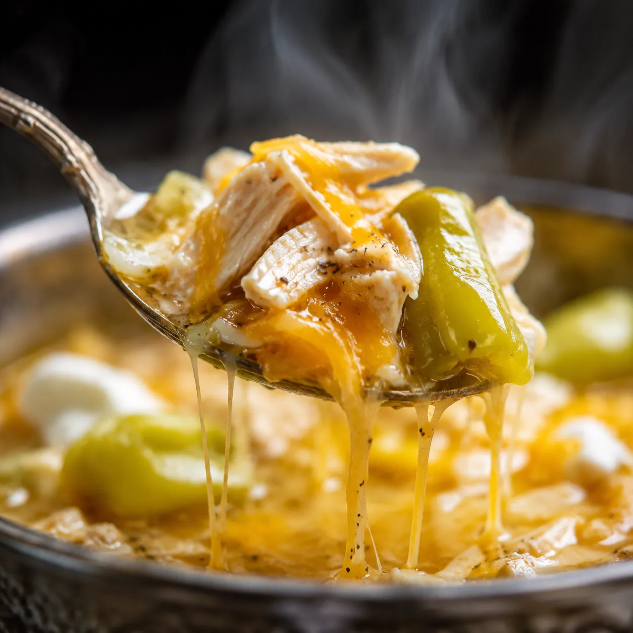 Close-up of a spoonful of creamy Mississippi soup with cheese pull