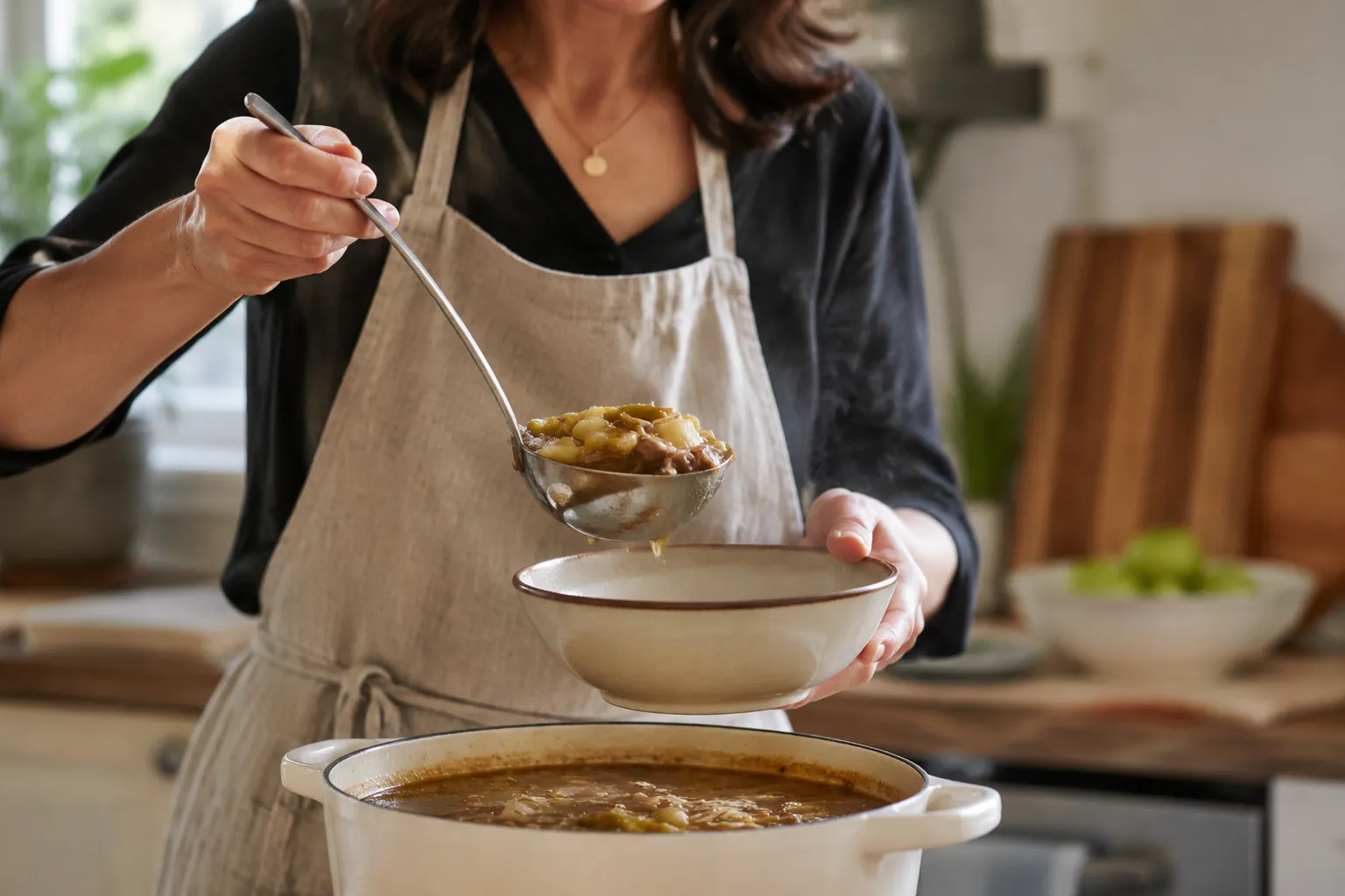 Ladling Mississippi soup from a Dutch oven into a serving bowl
