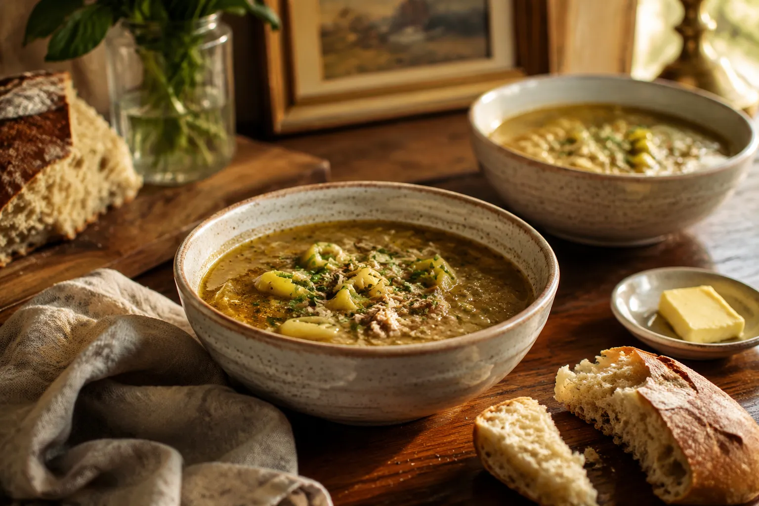 Two bowls of finished Mississippi soup served with crusty bread
