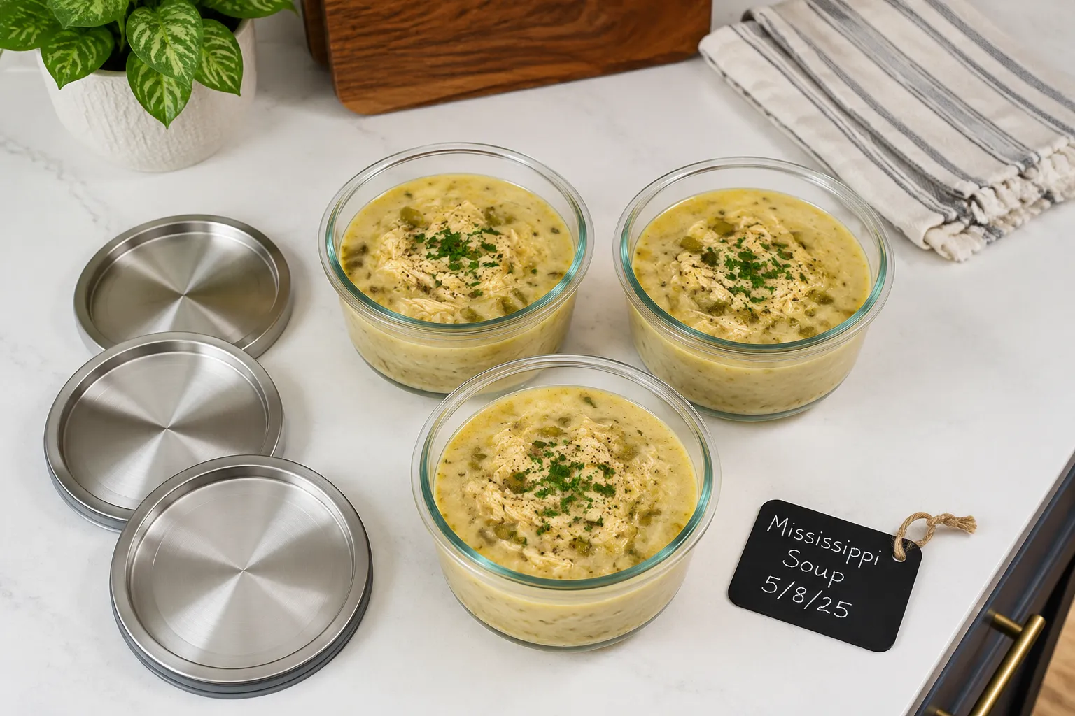 Mississippi soup stored in glass containers for meal prep and leftovers