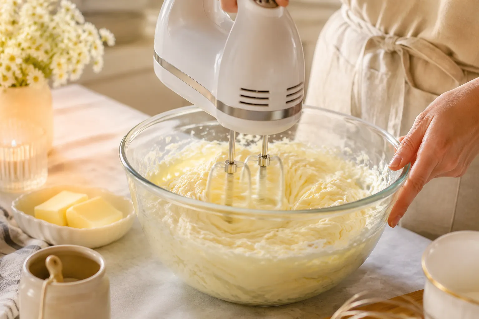 Whipping butter with a hand mixer for copycat Texas Roadhouse butter