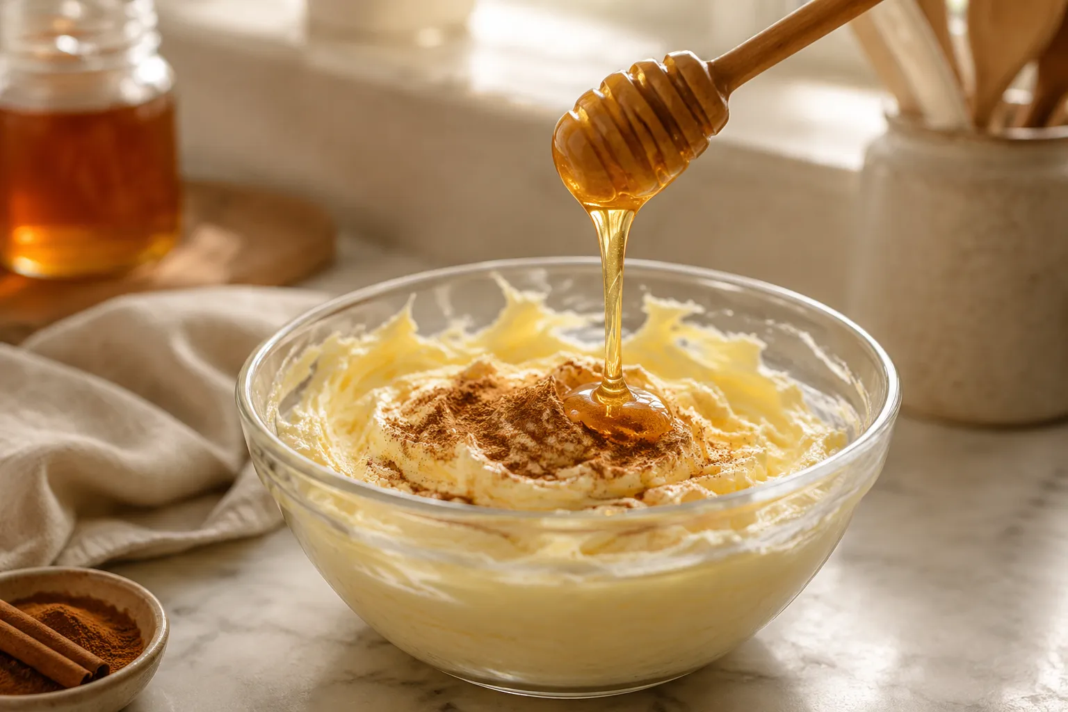Drizzling honey into whipped butter for Texas Roadhouse butter