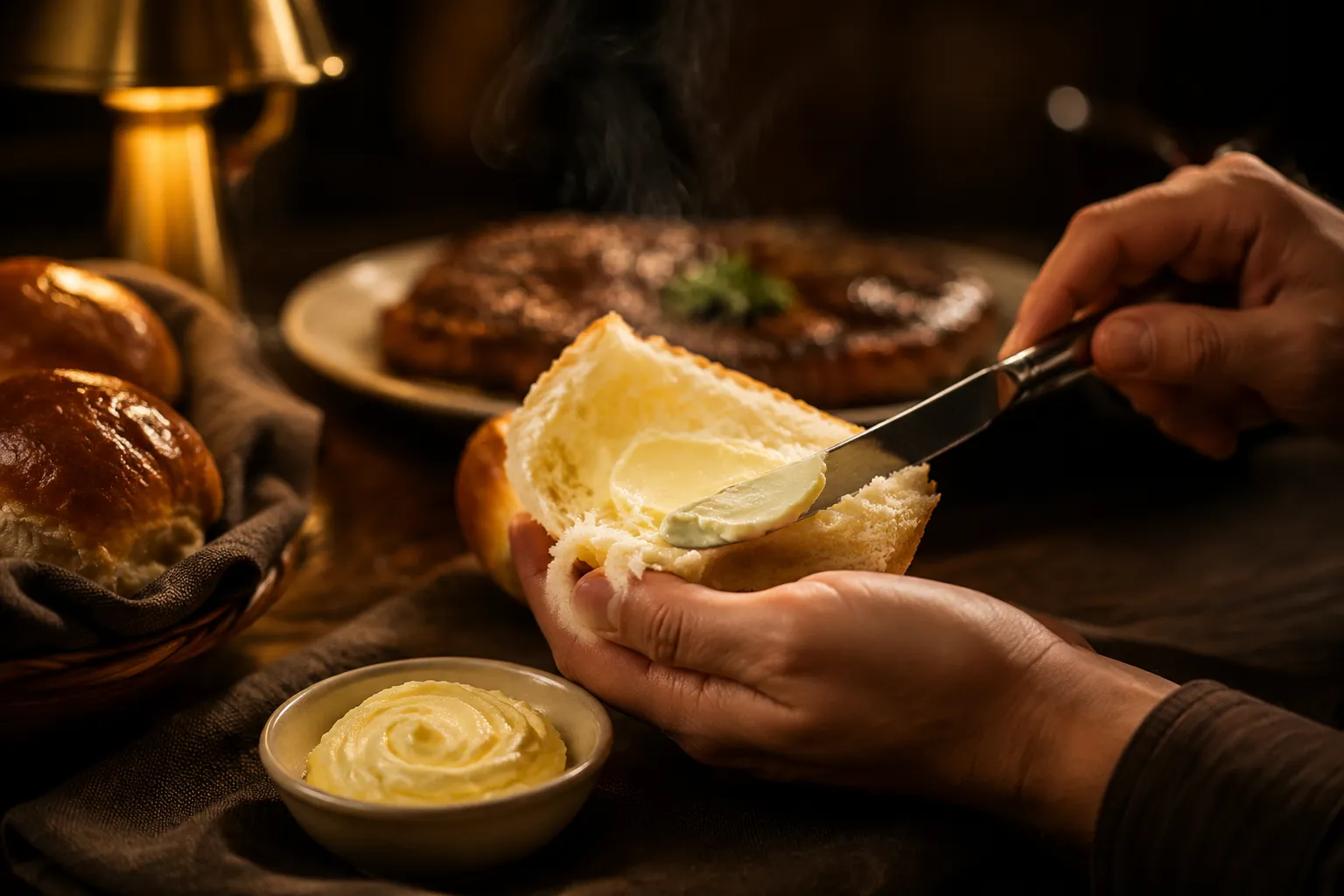 Spreading Texas Roadhouse butter on a warm dinner roll