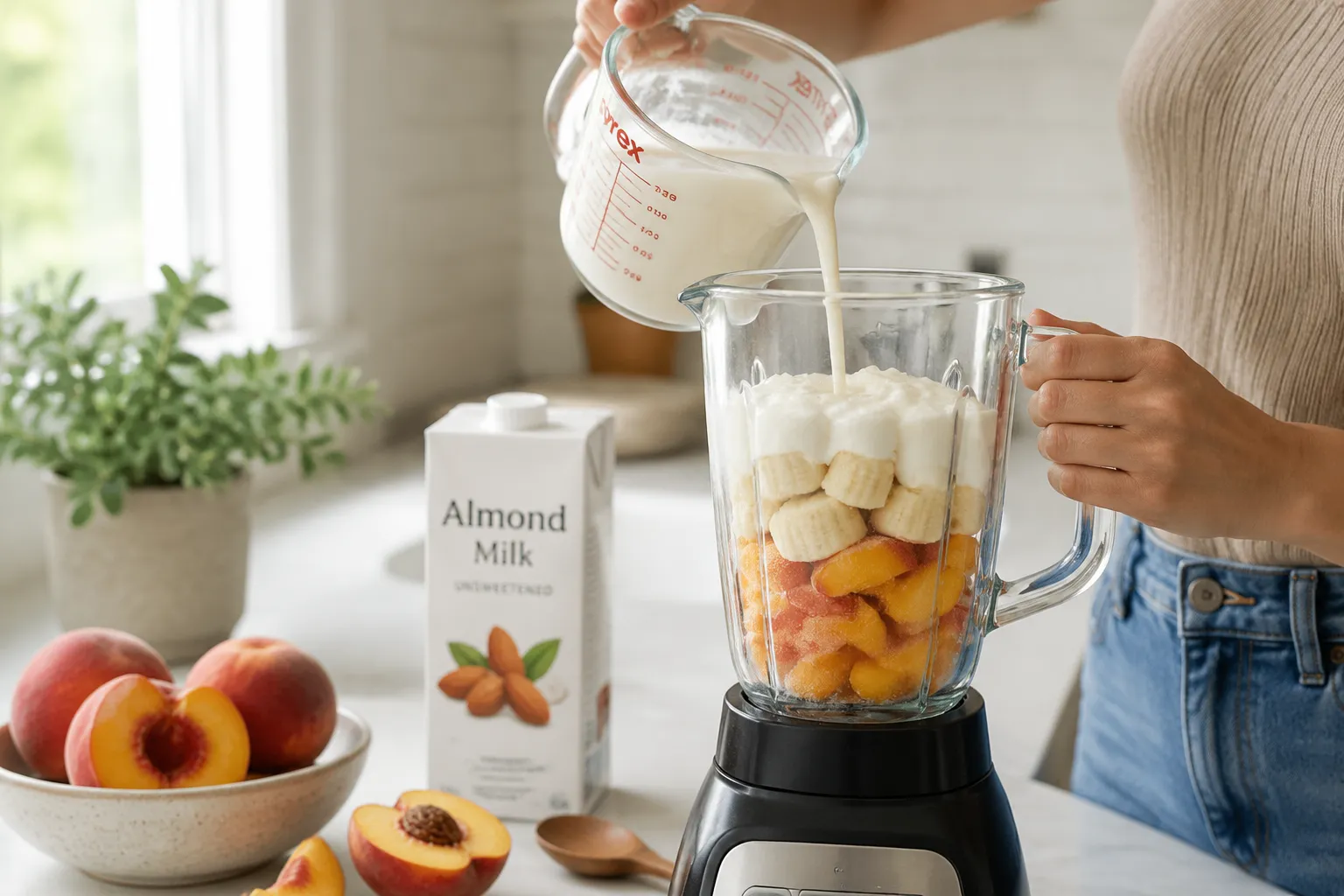 Pouring almond milk over frozen fruit in a blender for an easy fruit smoothie.