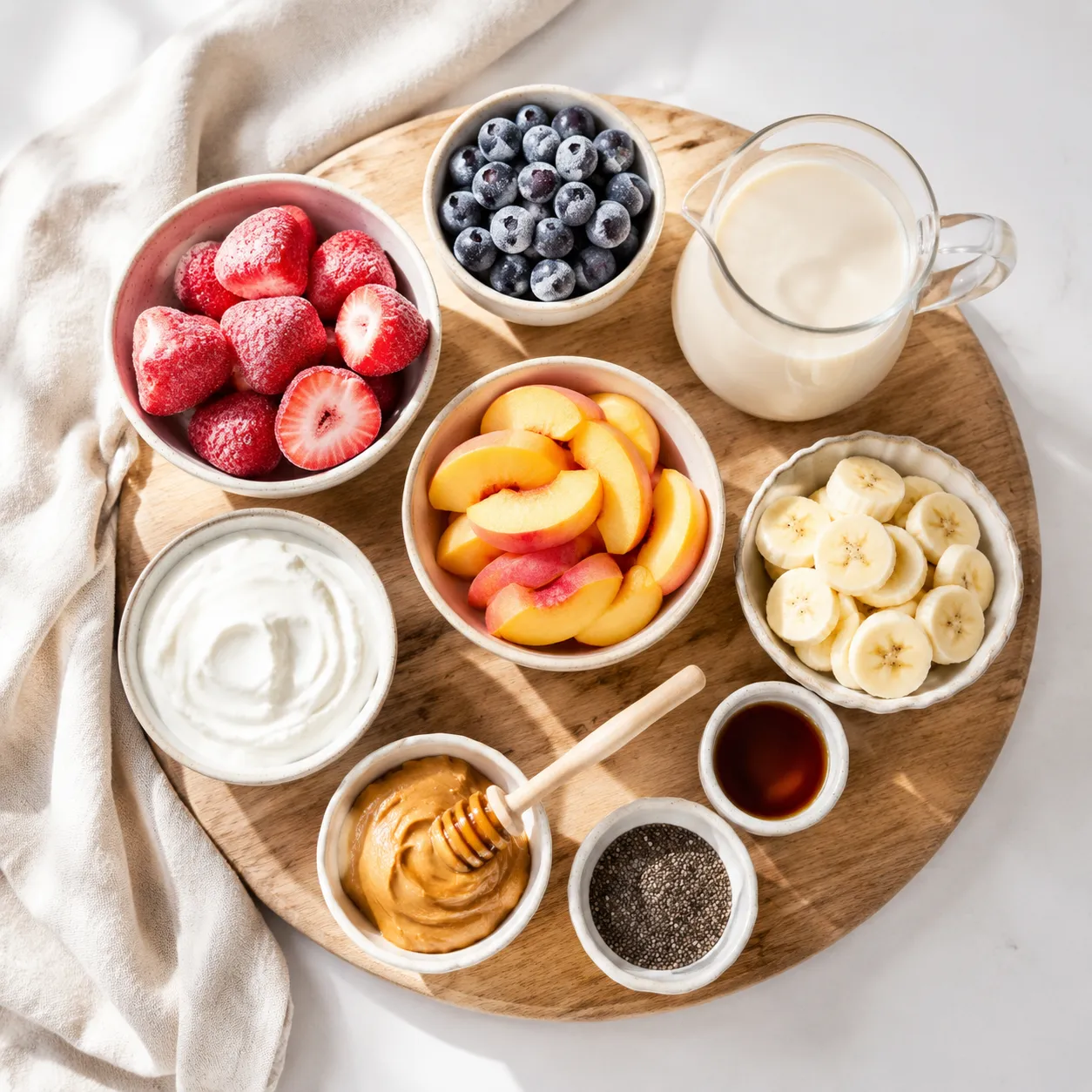 Fresh ingredients for fruit smoothie recipes arranged in a flatlay.