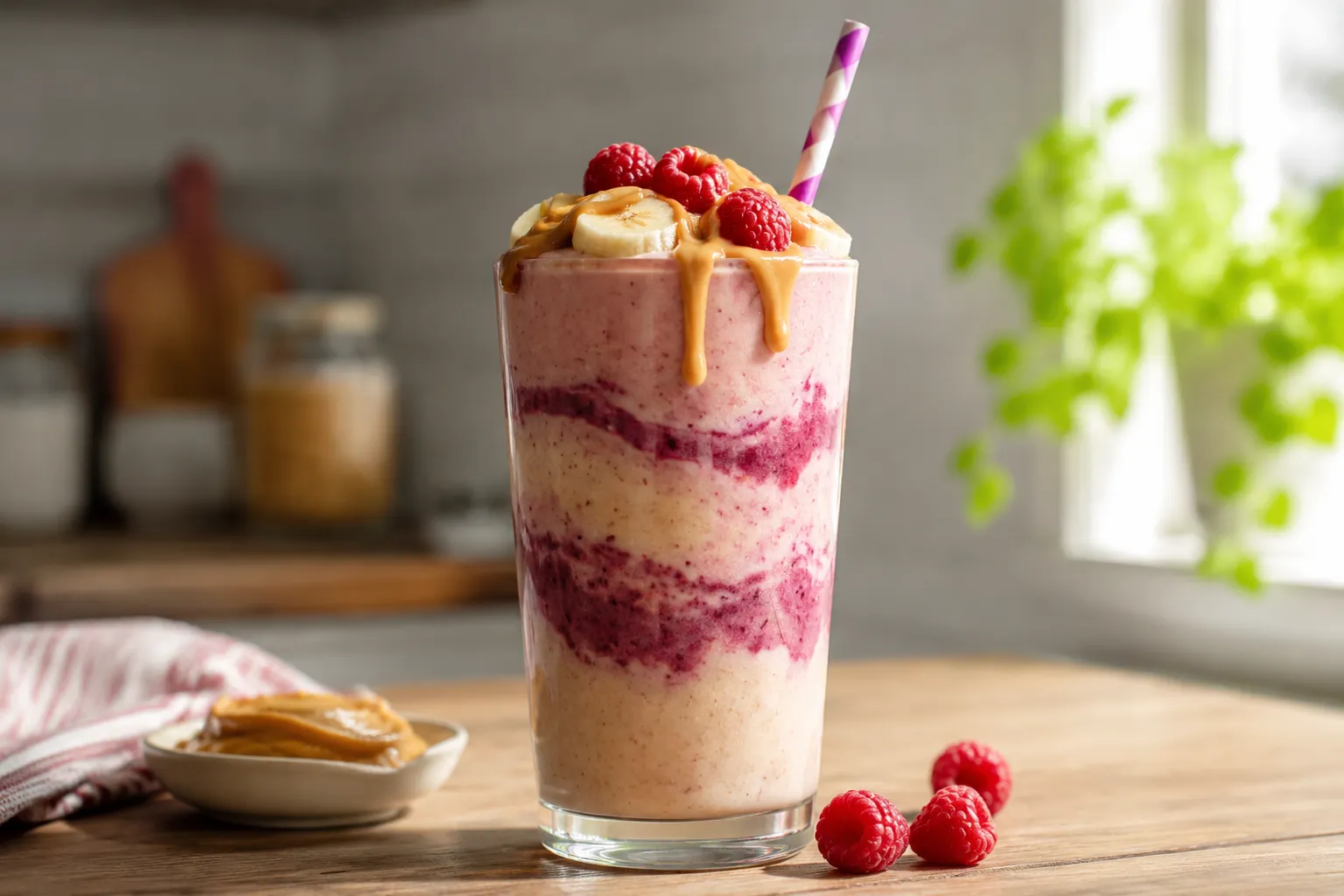 Peanut butter fruit smoothie recipe topped with banana and raspberries.