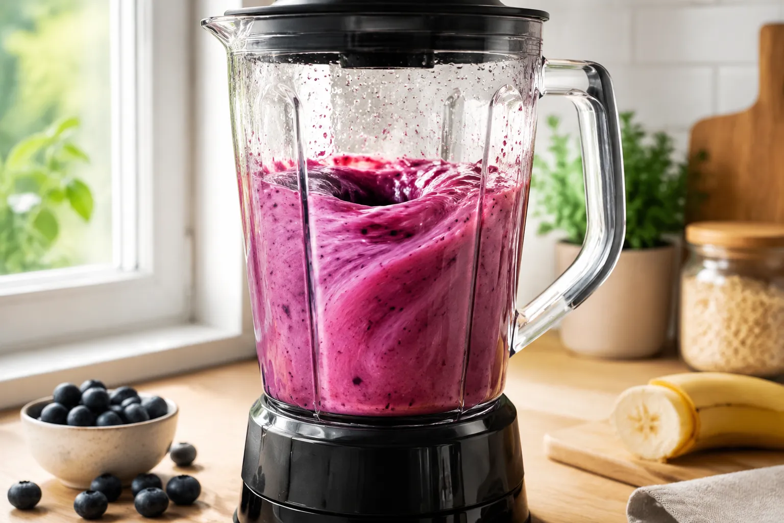 Blender swirling a creamy berry fruit smoothie recipe.