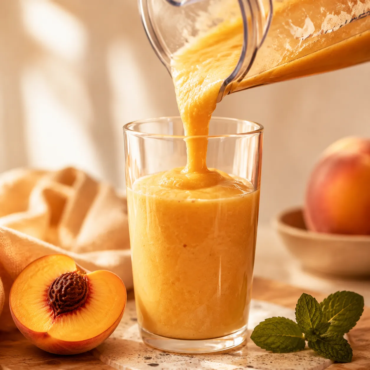 Pouring a creamy peach smoothie recipe into a tall glass.
