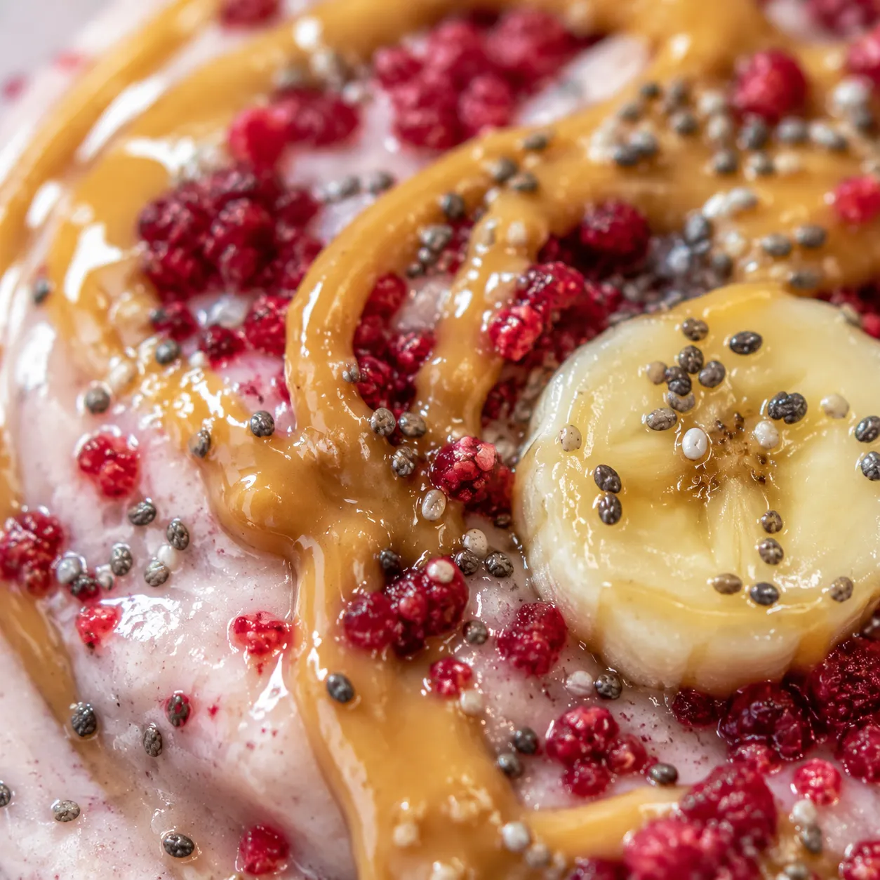 Close-up of a peanut butter fruit smoothie topping with berries and chia.