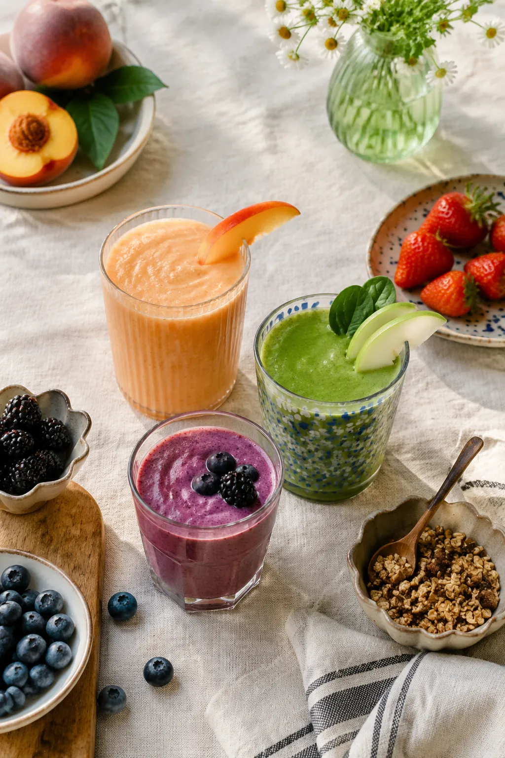 Overhead spread of three fruit smoothie recipes with granola and fresh fruit.