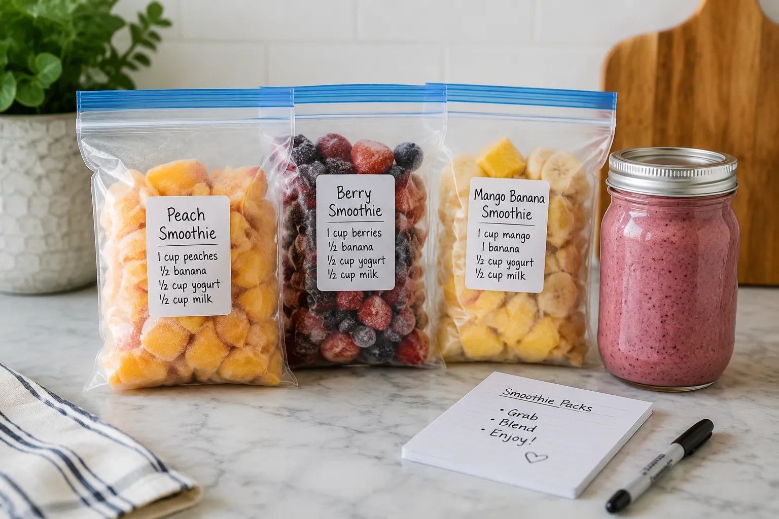Make-ahead freezer packs for easy fruit smoothie recipes.