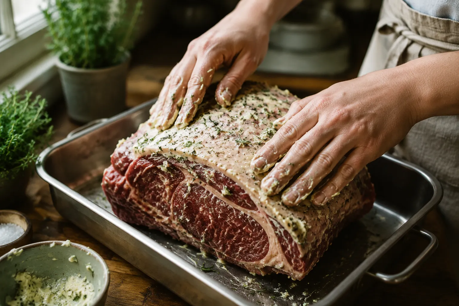 Hands rubbing garlic herb butter onto a boneless ribeye roast