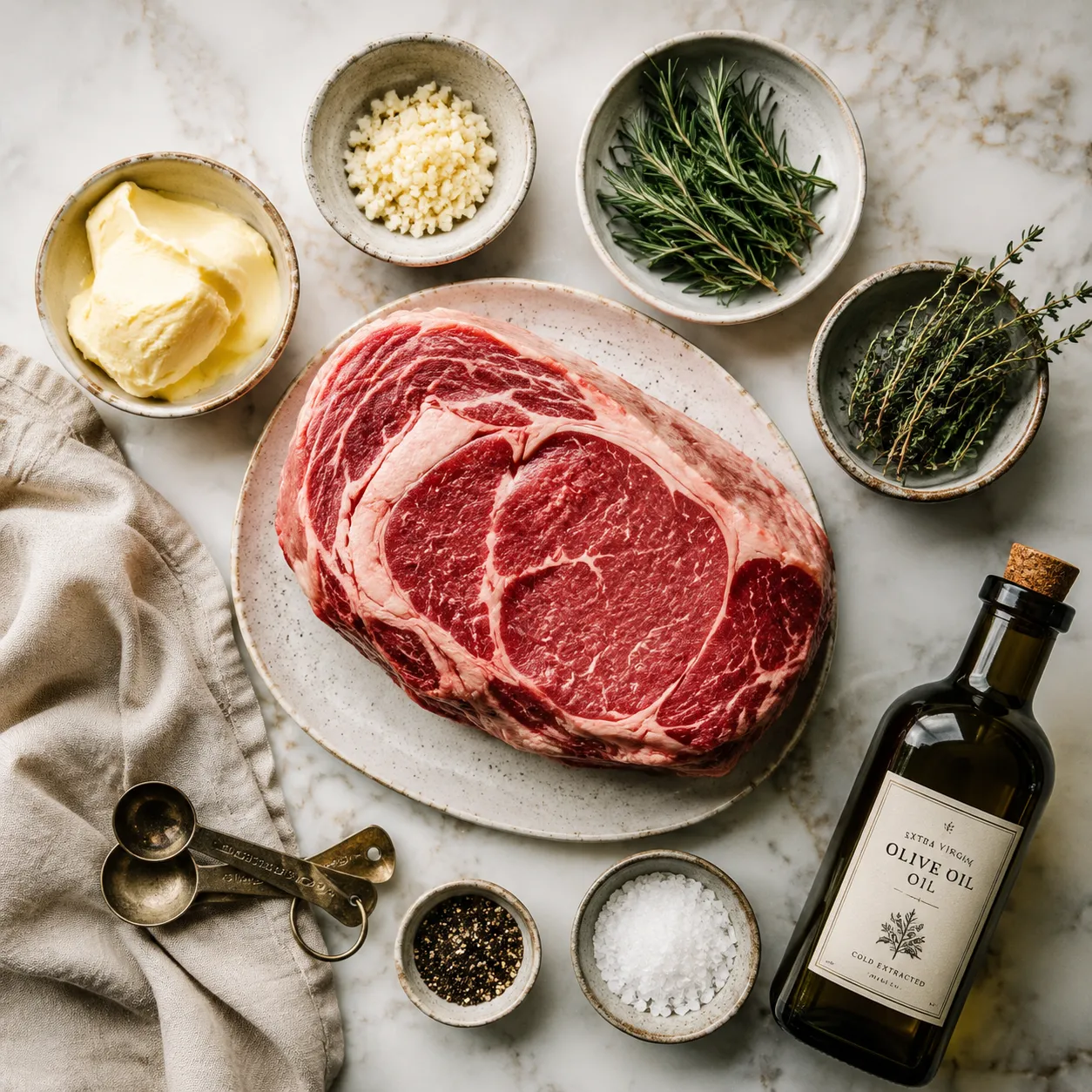 Ingredients for ribeye roast recipe laid out on marble