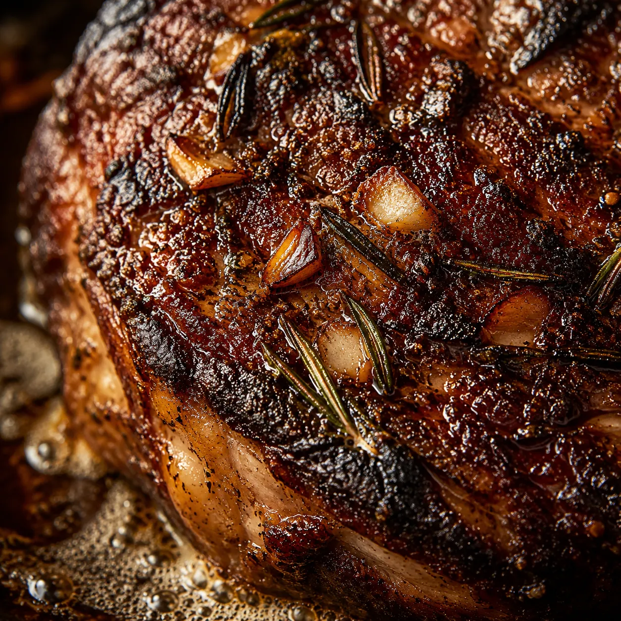 Close-up of garlic herb crust on roasted ribeye roast