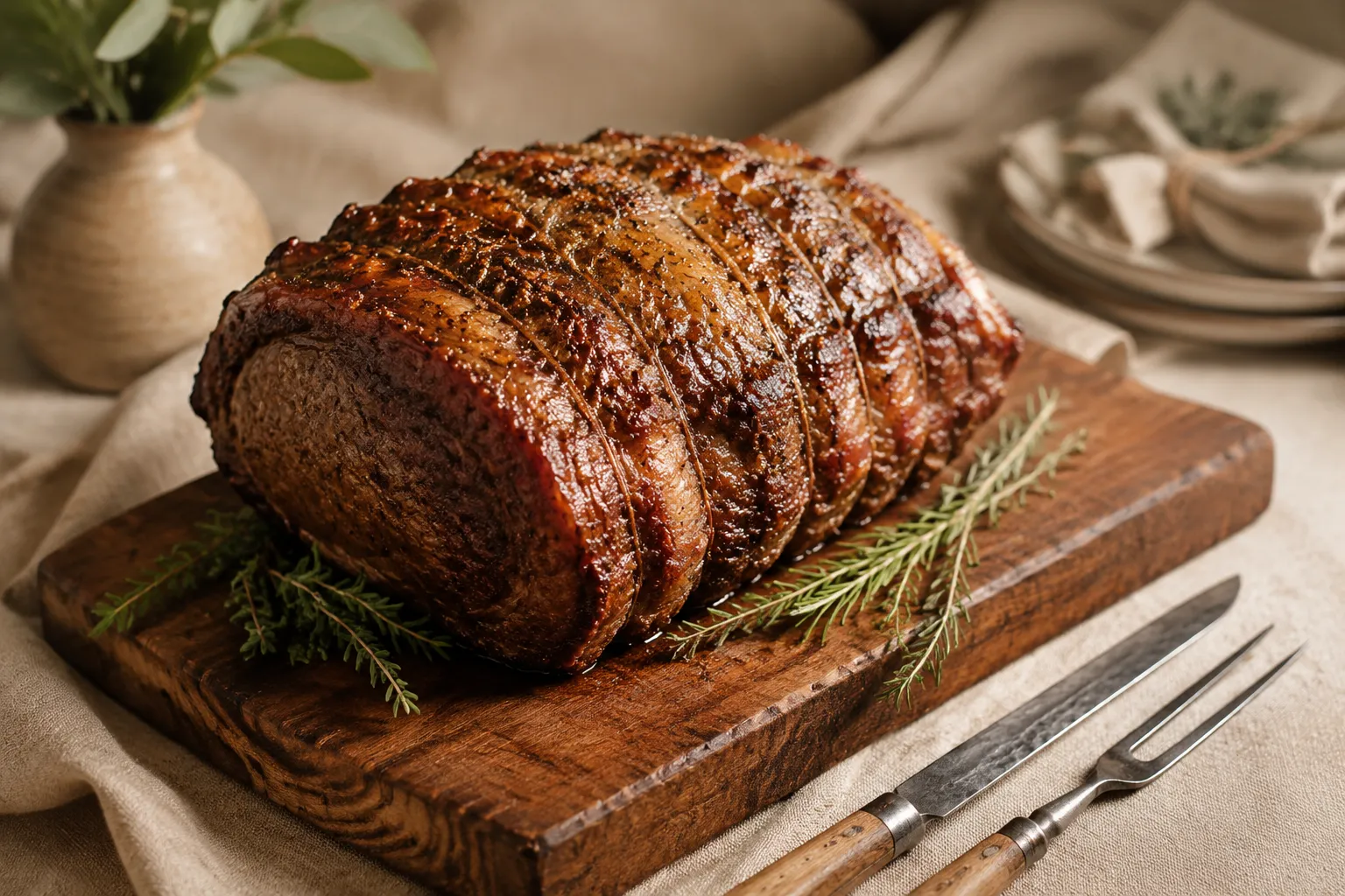 Whole roasted ribeye roast resting on a wooden carving board