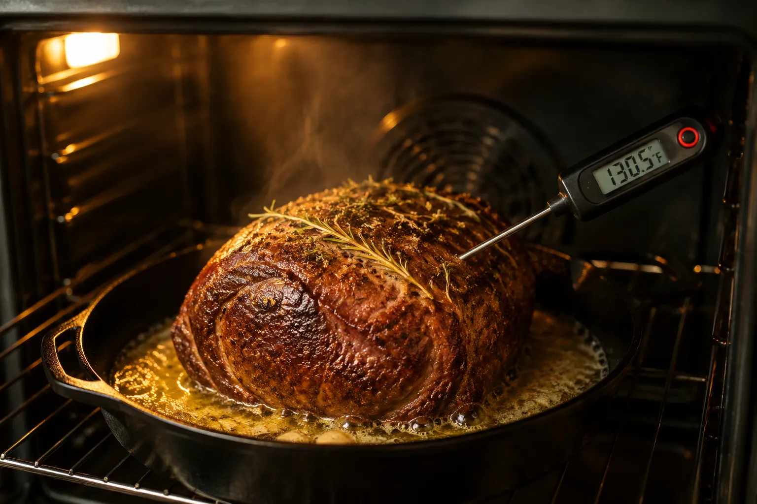 Roasted ribeye roast in oven with probe thermometer