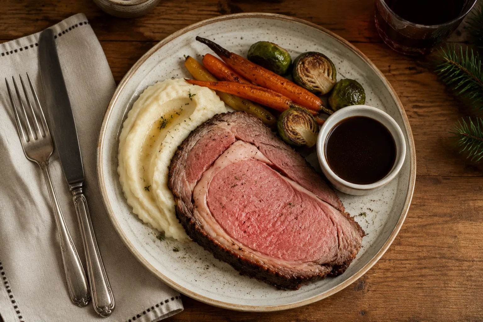 Ribeye roast served with mashed potatoes and roasted vegetables