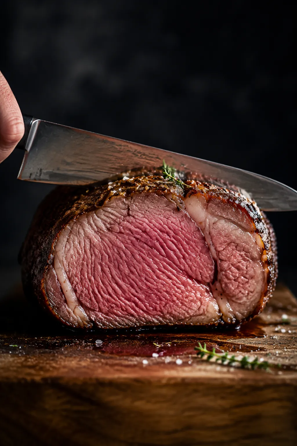 Slicing ribeye roast showing perfect medium rare interior