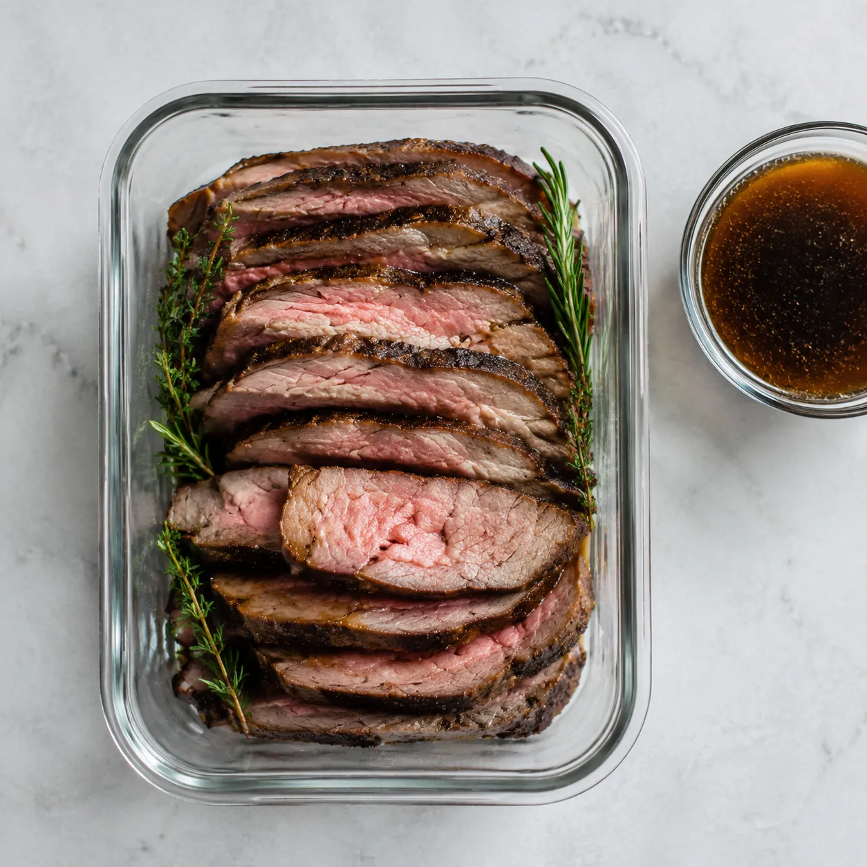 Leftover ribeye roast slices stored in glass container