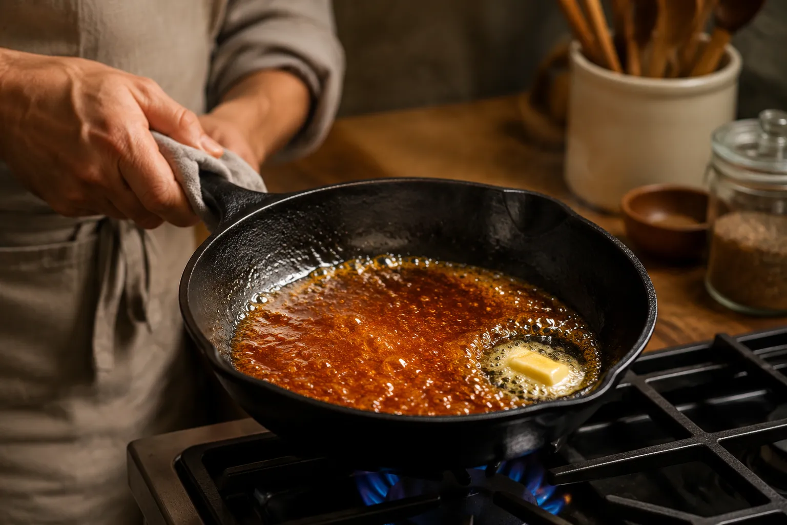 Making caramel for tarte tatin in a cast-iron skillet