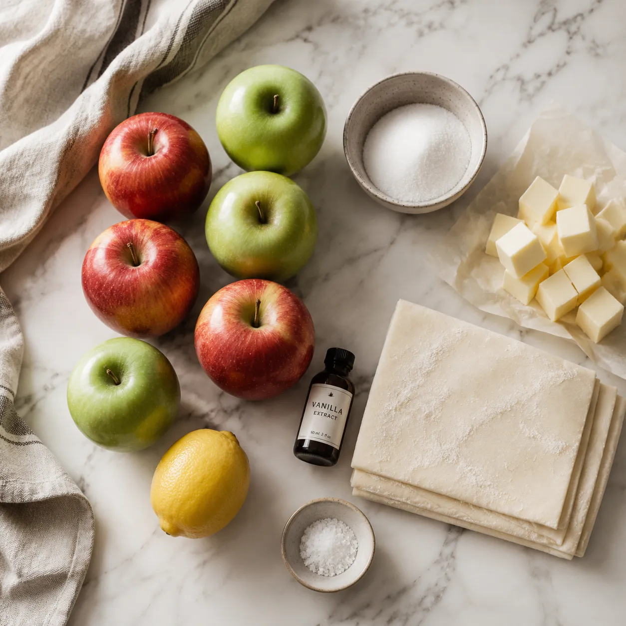 Tarte tatin ingredients flatlay with apples, sugar, butter, and puff pastry