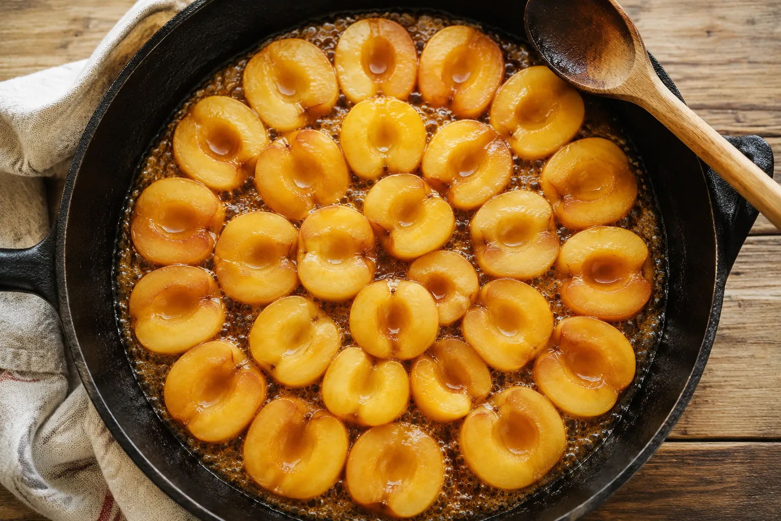 Apples arranged in a spiral over caramel for apple tarte tatin
