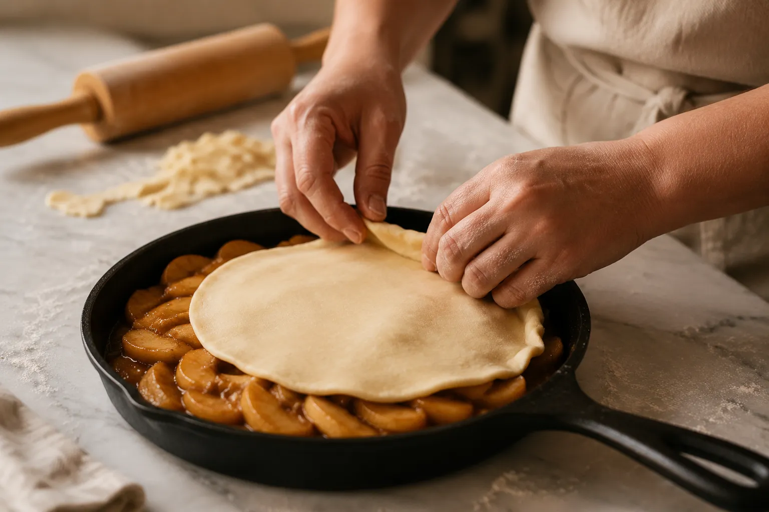 Tucking puff pastry over apples to make tarte tatin