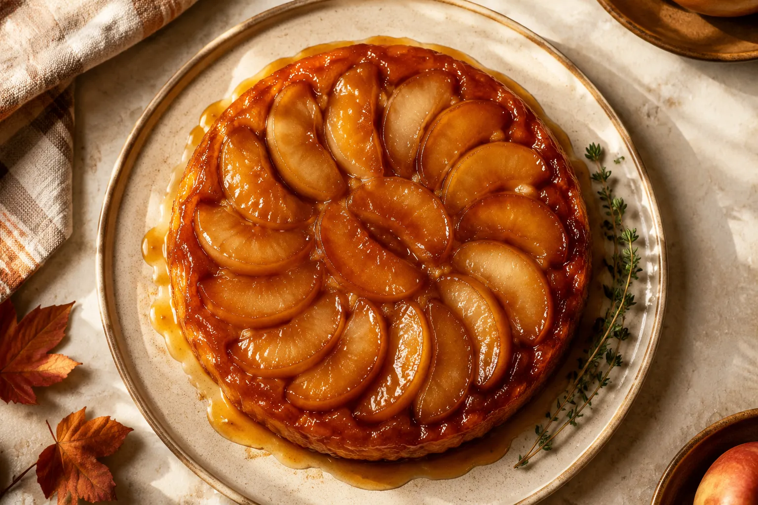 Finished tarte à tatin with glossy caramelized apples on top