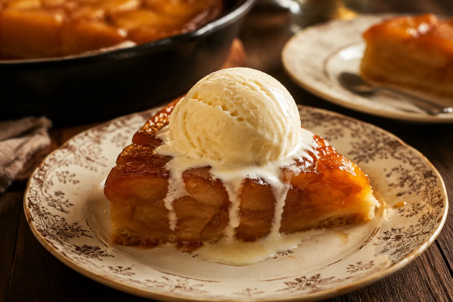 Slice of tarte tatin served with vanilla ice cream