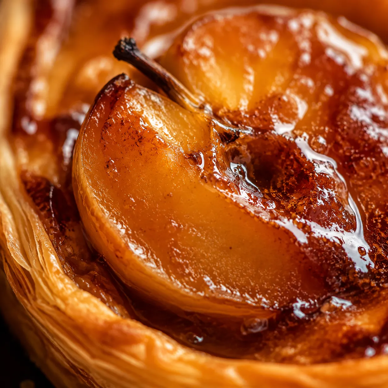 Close-up of caramelized apple and flaky pastry on tarte tatin