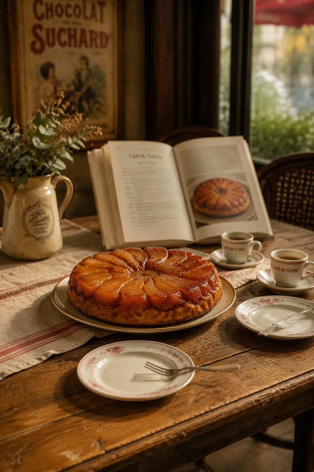 Tarte tatin styled on a rustic table with coffee for dessert