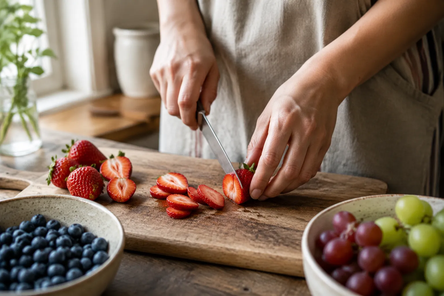 Slicing strawberries to make a fresh fruit salad