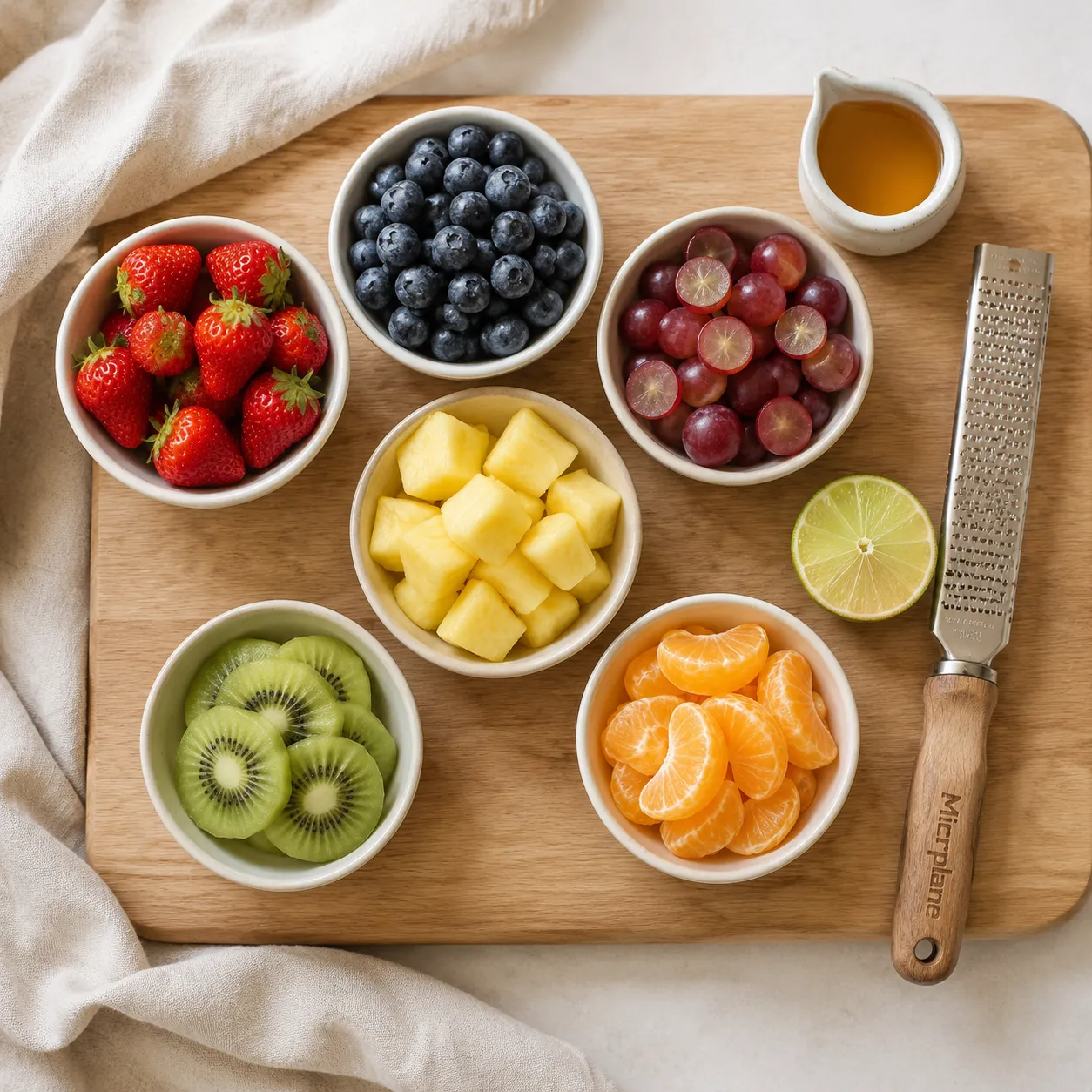 Fruit salad ingredients flatlay with berries, citrus, kiwi, and honey